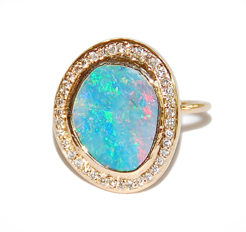 Blue red opal with paved diamond ring