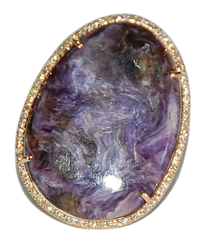 18kt Charoite with paved diamond ring