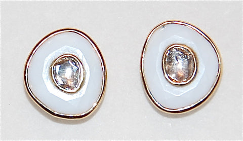 Gold white opal with mine cut diamond earring