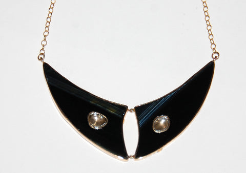 Flying fish fin black tiger eye with 2 polki diamond necklace