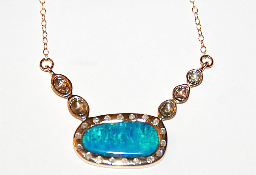 Blue and green opal with 5 polki diamond flush necklace