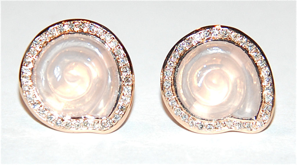 Rose quartz round shell paved diamond earring