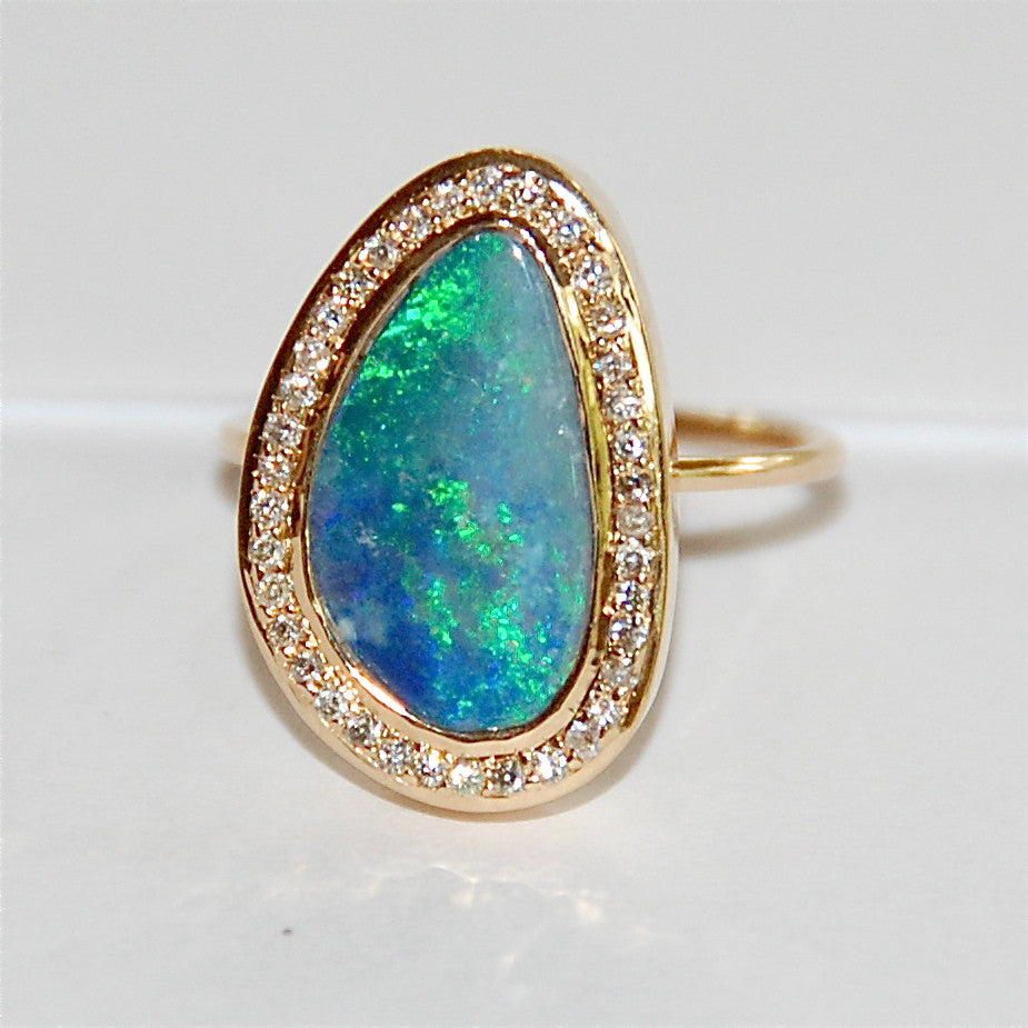 Blue Opal with paved diamond ring