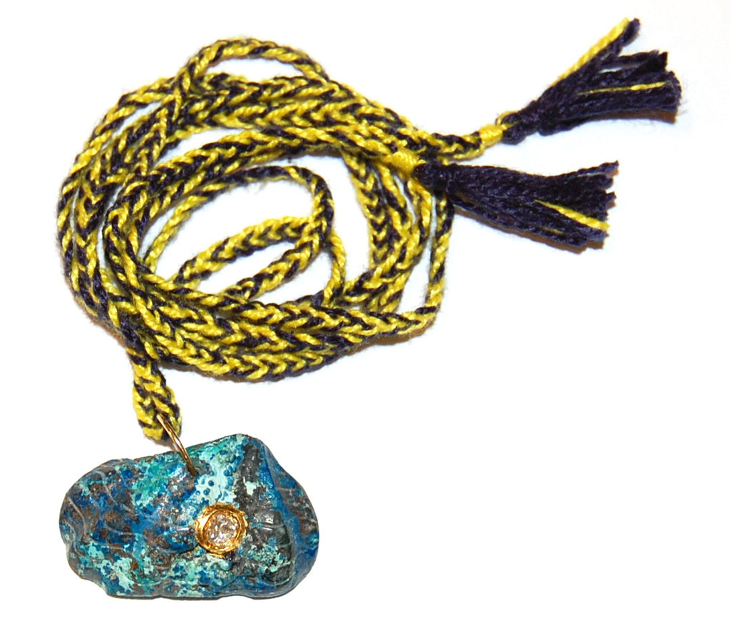 Turquoise fan shell with polki diamond with bi-color hand woven cord