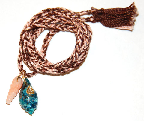Kyanite ocean shell with polki diamond and coral twist shell on hand woven bi-color cord
