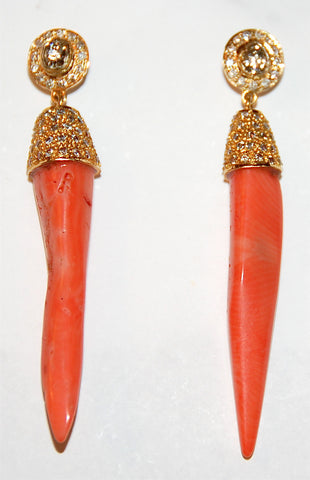 Coral spear with paved diamond cap rose cut center earring